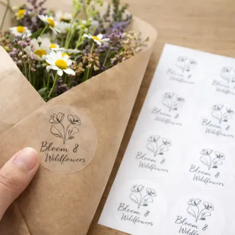 Transparent round custom sticker on flower wrapping and custom sticker printing sheet