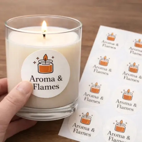 Round custom stickers on a candle and sticker sheet, sample of custom sticker printing