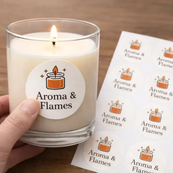 Round custom stickers on a candle and sticker sheet, sample of custom sticker printing