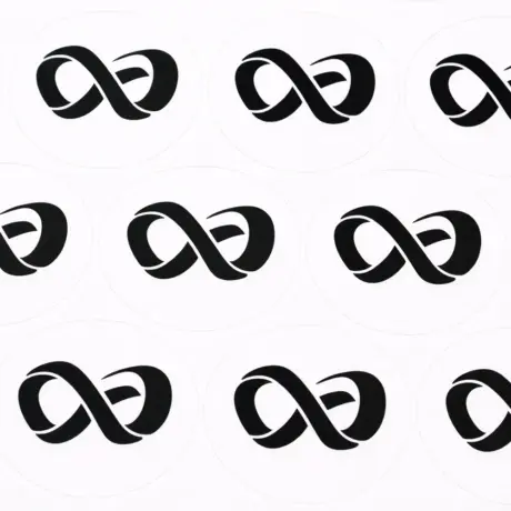 Oval custom stickers with a black infinity symbol design
