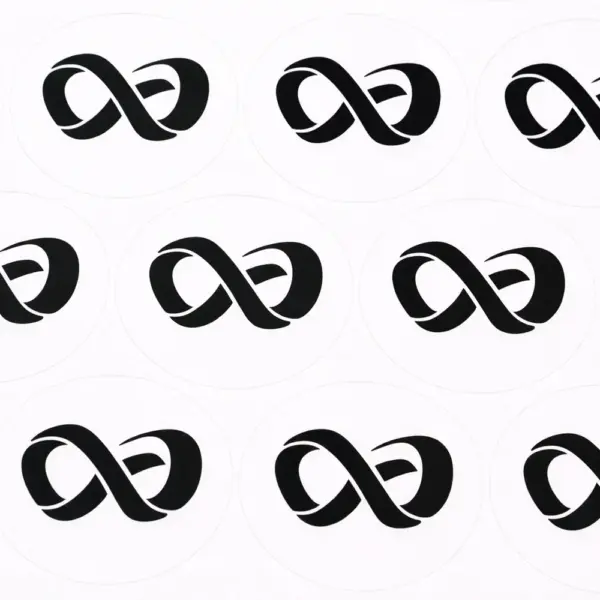 Oval custom stickers with a black infinity symbol design