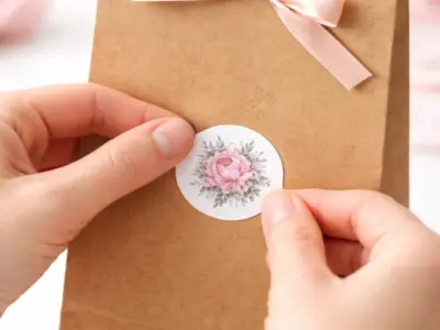 Hands applying a round custom sticker with floral design to a brown gift bag