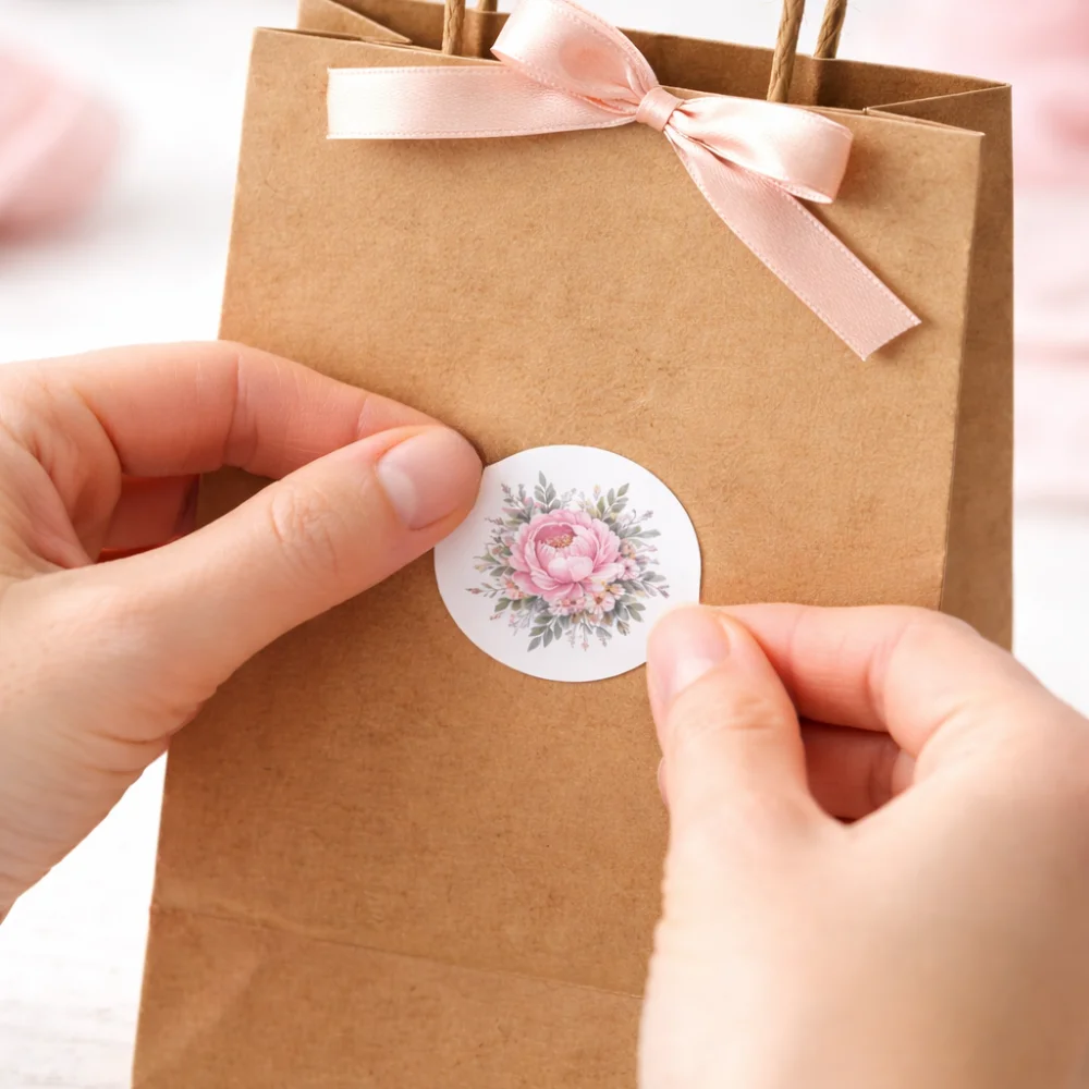 Hands applying a round custom sticker with floral design to a brown gift bag