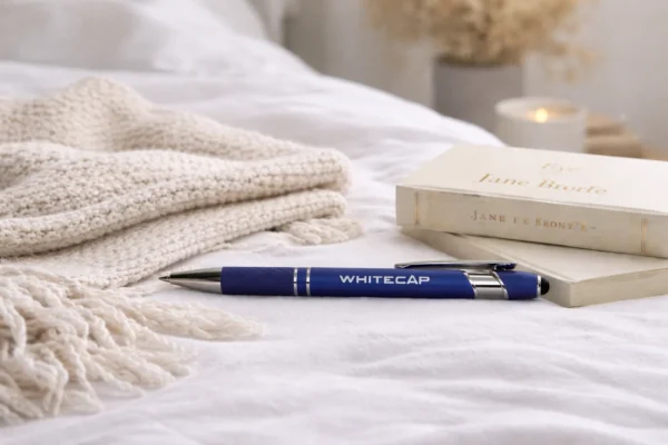 Синяя металлическая ручка с гравировкой WHITECAP на кровати рядом с книгами и пледом