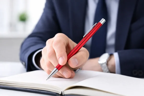 Hand holding a red metal pen over an open notebook