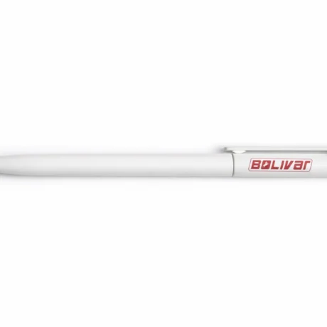 White custom plastic pen with BOLIVAR print and white clip