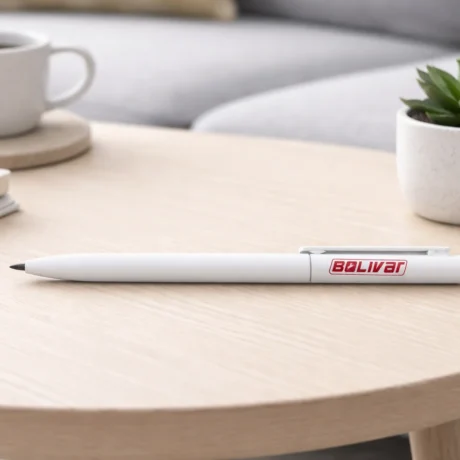 White custom plastic pen with BOLIVAR print on a light table