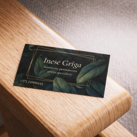 Custom business card printing sample on wood surface with dark leaf design and gold text