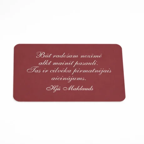 Red custom business card with rounded corners and white quote text