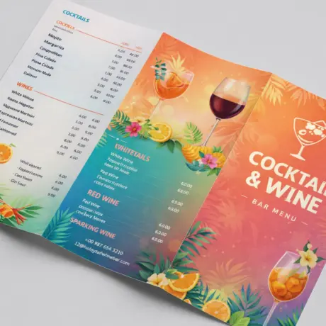 Custom A4 folded menu printing with tropical design for cocktail and wine list