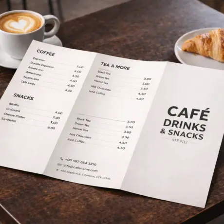 A4 folded custom menu printing sample with drinks and snacks list on a wooden table