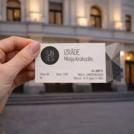 Hand holding a custom printed theater ticket with perforation and numbering in front of a building