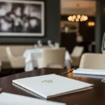 Balta dokumentu mape ar zelta druku uz galda restorānā