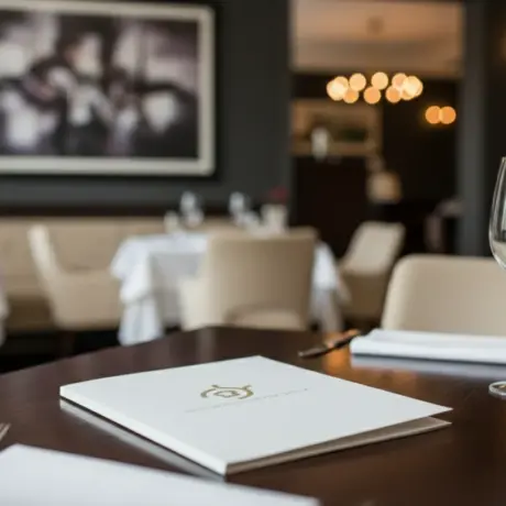 White custom document folder with gold print on a restaurant table