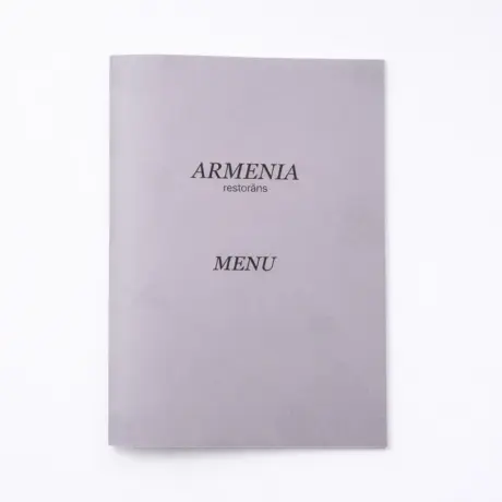 Grey A4 booklet menu for Armenia restaurant with black text