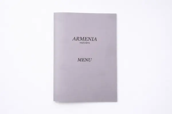 Grey A4 booklet menu for Armenia restaurant with black text
