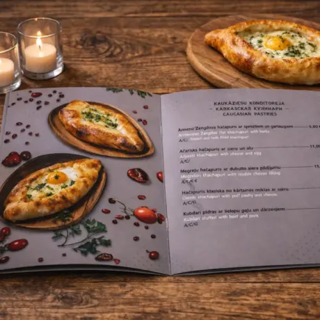 Open A4 booklet for custom menu printing with khachapuri photos and price list on a wooden table