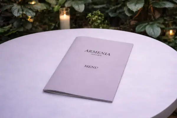 Elegant A4 booklet menu for Armenia restaurant on a white table with a candle in the background