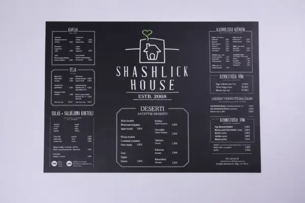 Black A3 flat custom menu printing sample for Shashlick House restaurant