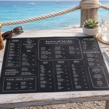 A3 flat custom menu printing sample on a seaside restaurant table, black menu with white text