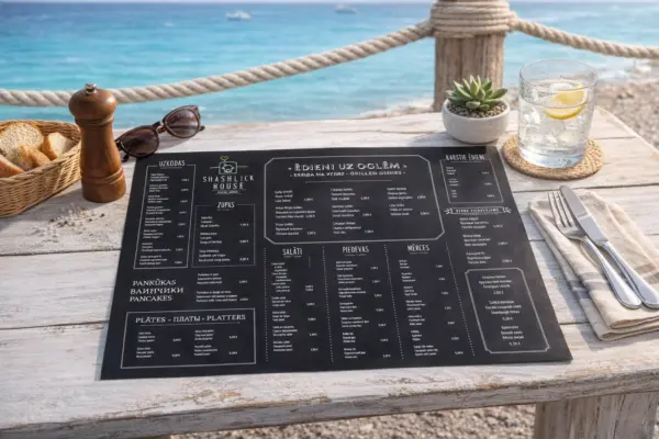 A3 flat custom menu printing sample on a seaside restaurant table, black menu with white text