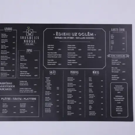 Black A3 flat custom menu printing for Shashlick House restaurant