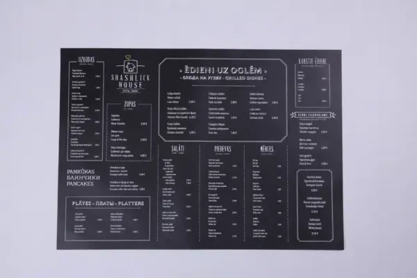 Black A3 flat custom menu printing for Shashlick House restaurant