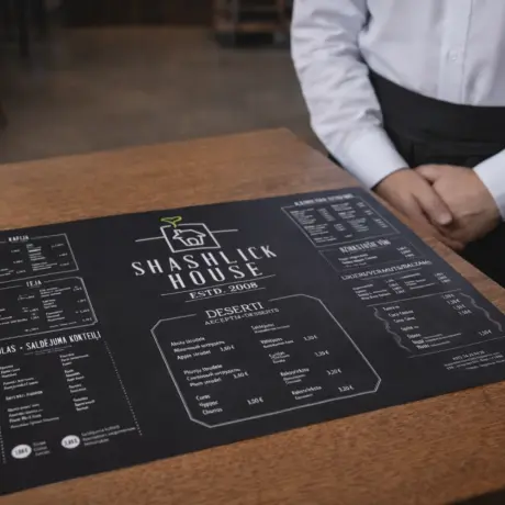 Black A3 flat custom menu on a wooden restaurant table with waiter in the background