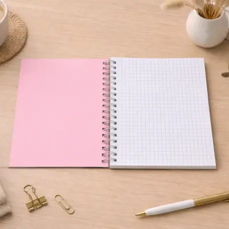 Open spiral custom notepad with grid pages and pink cover on a wooden desk