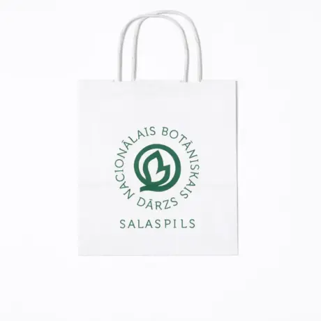 White custom paper bag with print for the National Botanical Garden, Salaspils