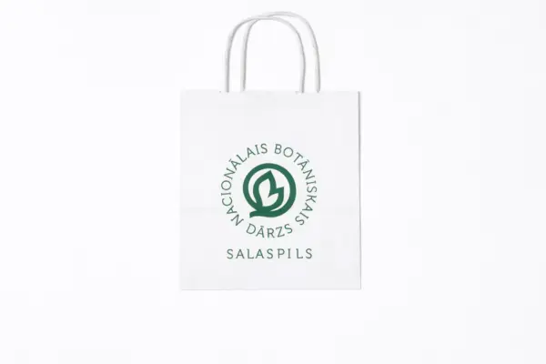 White custom paper bag with print for the National Botanical Garden, Salaspils