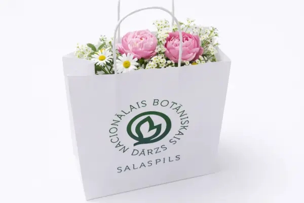 White custom paper bag with National Botanical Garden print, filled with flowers