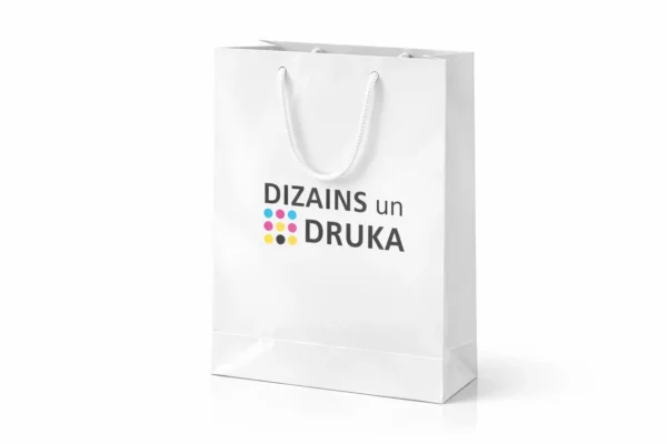 White custom gift bag with print and cord handles
