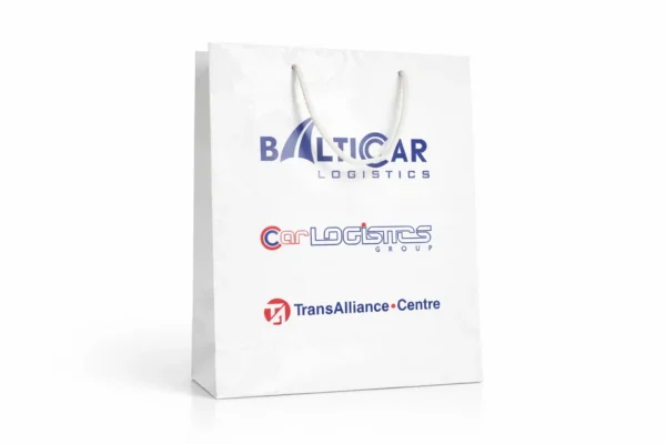 White custom gift bag with printed logos and cord handles