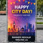 Custom banner printing sample: colorful 100x150 cm advertising banner on a metal frame