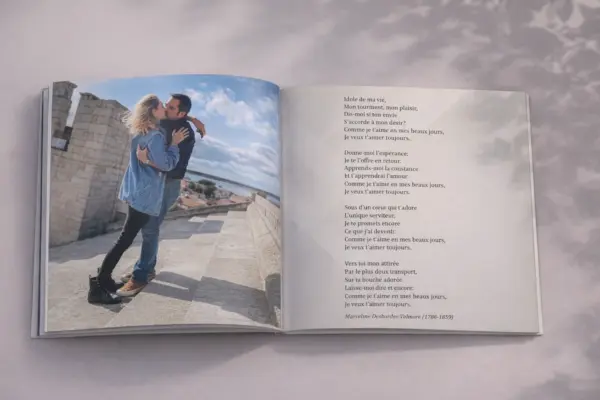 Open custom photo book with a couple’s travel photo and lines of poetry