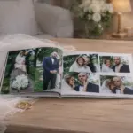 Open custom photo book with wedding photos, rings and veil
