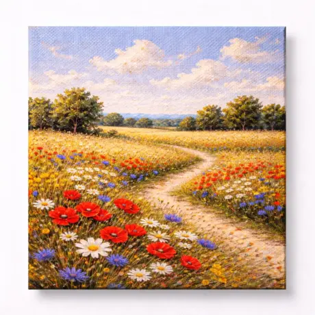Custom canvas printing with a scenic flower meadow and winding path