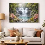 Custom canvas printing with a waterfall landscape as a stylish living room accent