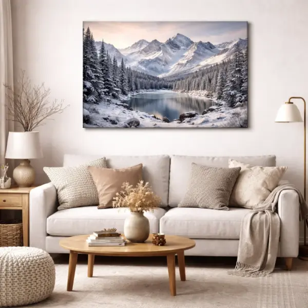 Custom canvas print of a winter mountain landscape above a sofa as a stylish interior accent