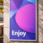 Custom event poster printing in frame with bright purple design and text Enjoy