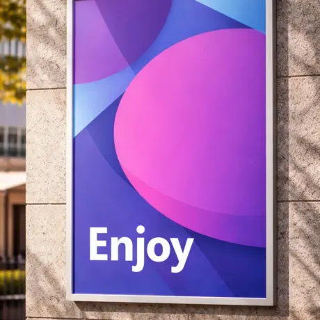 Custom event poster printing in frame with bright purple design and text Enjoy