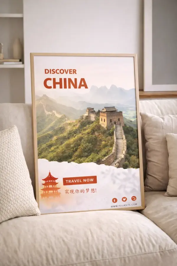 Framed custom event poster printing sample with the Great Wall of China
