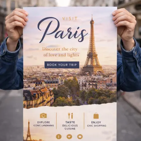 Custom event poster printing sample with Paris view and Eiffel Tower held in hands