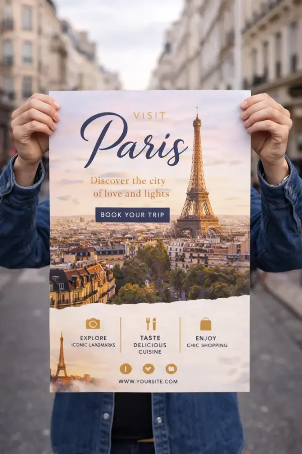 Custom event poster printing sample with Paris view and Eiffel Tower held in hands