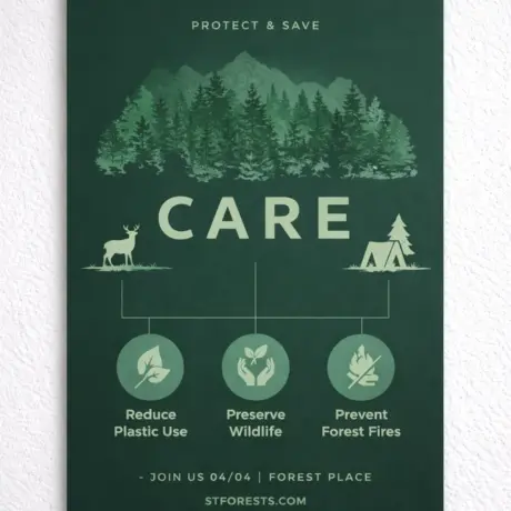 Custom event poster printing with forest illustration and CARE text on a green background