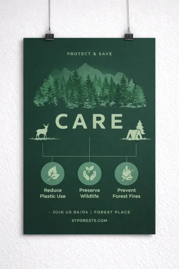 Custom event poster printing with forest illustration and CARE text on a green background