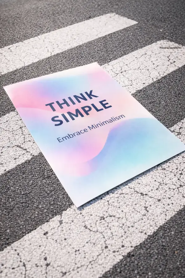 Custom event poster printing with Think Simple text and soft color gradient on asphalt