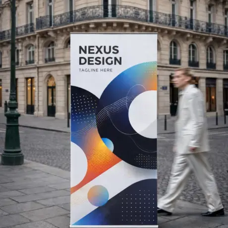 Custom roll-up stand with abstract design on a paved street