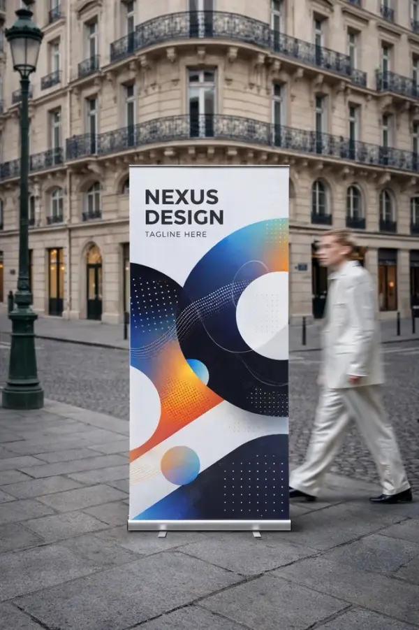 Custom roll-up stand with abstract design on a paved street